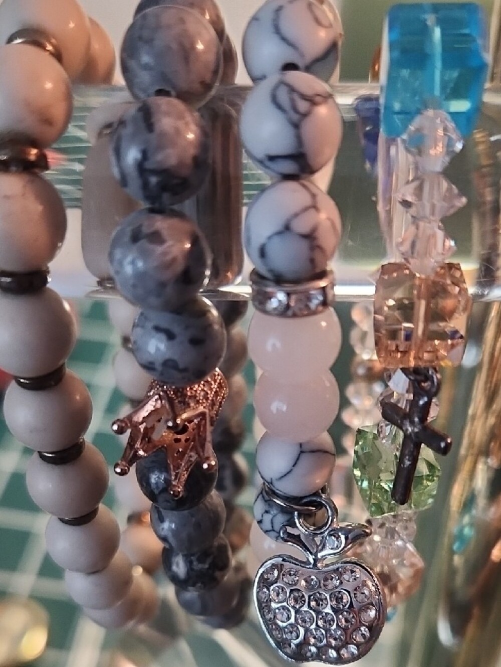 4 Beaded Charm Bracelet Set - White & Gray Stone Beads with Crystal Apple Charm